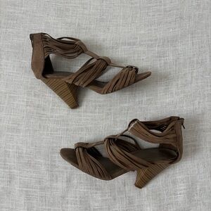 Tan Brown Suede Multi-Strap High Heel Sandals 8